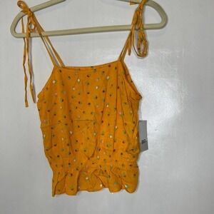 BP Women's Yellow Floral‎ Print Tie Strap Sleeveless Crop Top Tank Size Small